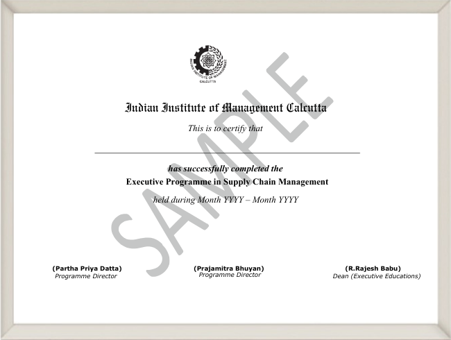 Sample Certificate of Completion from IIM Calcutta for the Executive Programme in Supply Chain Management