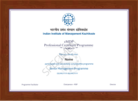 Sample certificate of completion for the Senior Management Programme (SMP) from the Indian Institute of Management Kozhikode.