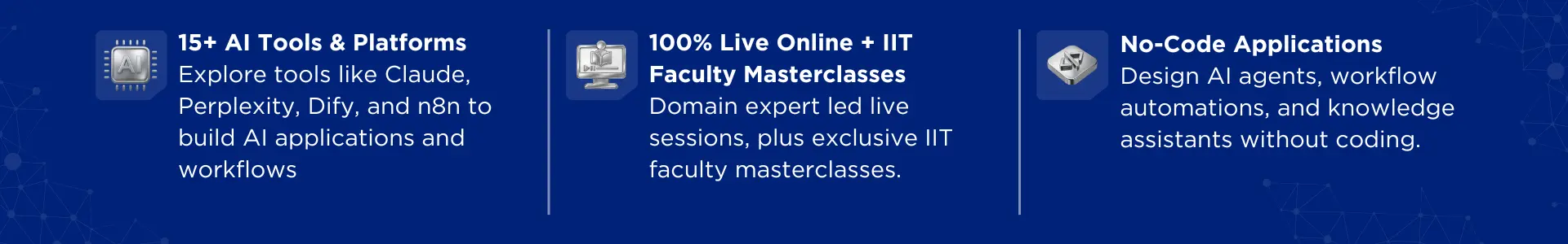 Banner highlighting key features of the Building AI-Powered Business Applications programme: 15+ AI tools and platforms, live online learning with IIT faculty masterclasses, and no-code AI agents, workflows, and knowledge assistants.