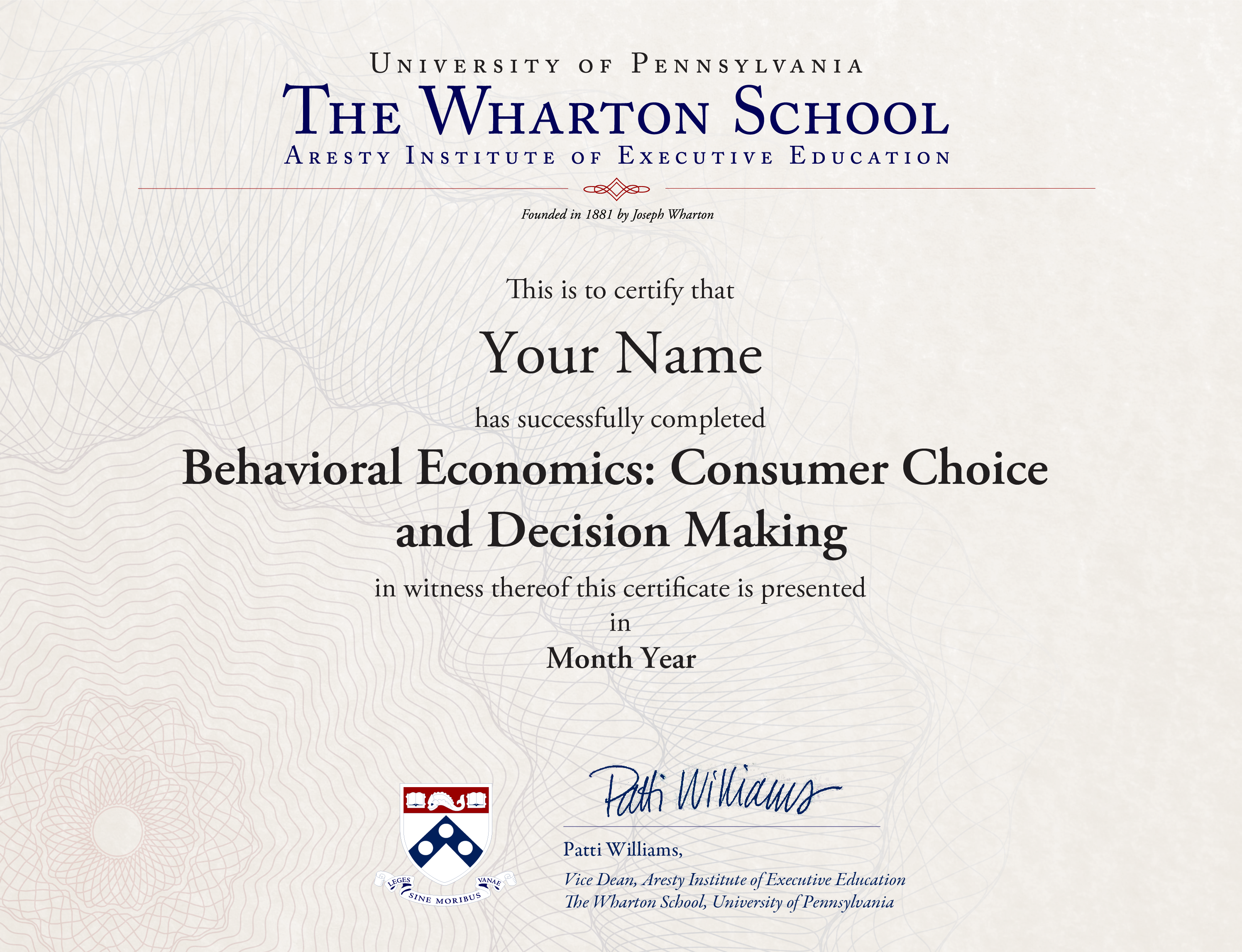Example image of certificate that will be awarded once you successfully complete the course