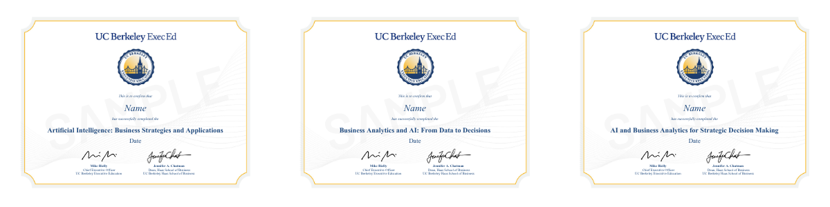 Certificates of completion for Artificial Intelligence: Business Strategies and Applications, Business Analytics and AI: From Data to Decisions and AI and Business Analytics for Strategic Decision Making.