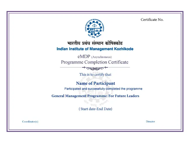 Certificate of completion sample issued by the Indian Institute of Management Kozhikode for the General Management Programme, displayed for illustrative purposes.