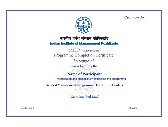 IIM Kozhikode certificate of successful completion for General Management Programme, featuring official logo and academic branding