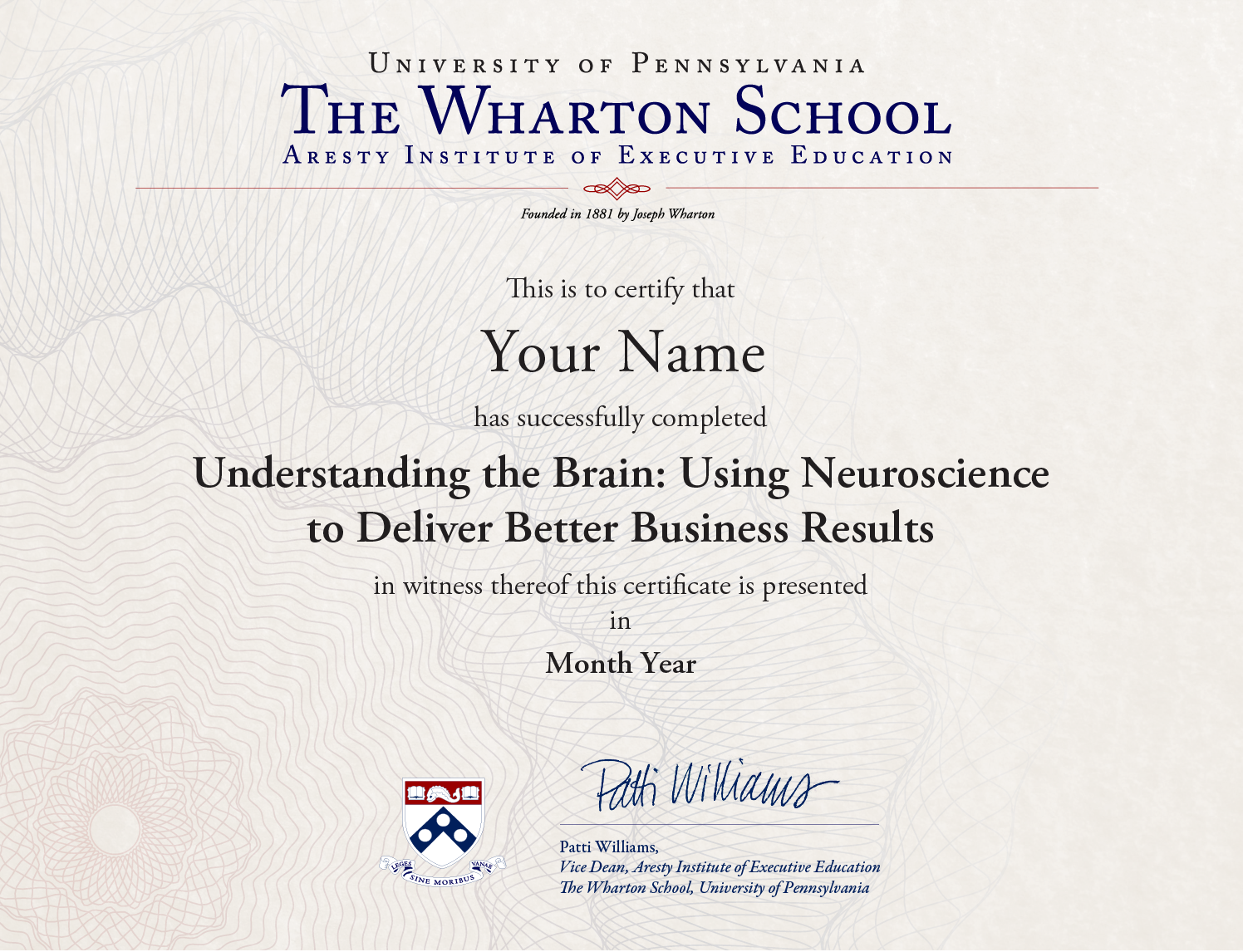 Example image of certificate that will be awarded once you successfully complete the course