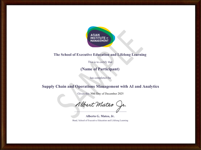 Certificate Awarded on Completion of Supply Chain and Operations Management with AI and Analytics program
