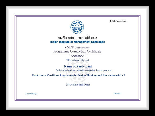 IIM Kozhikode Design Thinking and AI Programme completion certificate
