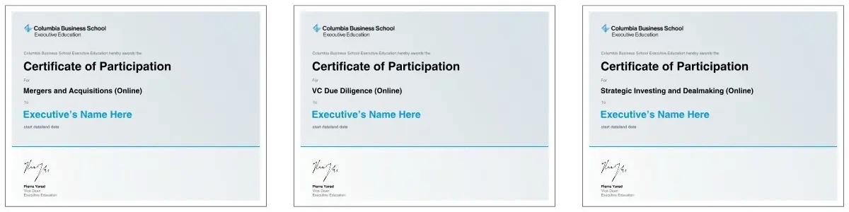 Example image of certificate of participation of Mergers And Acquisitions (Online) program, VC Due Diligence (Online) program, and Strategic Investing and Dealmaking (Online) program