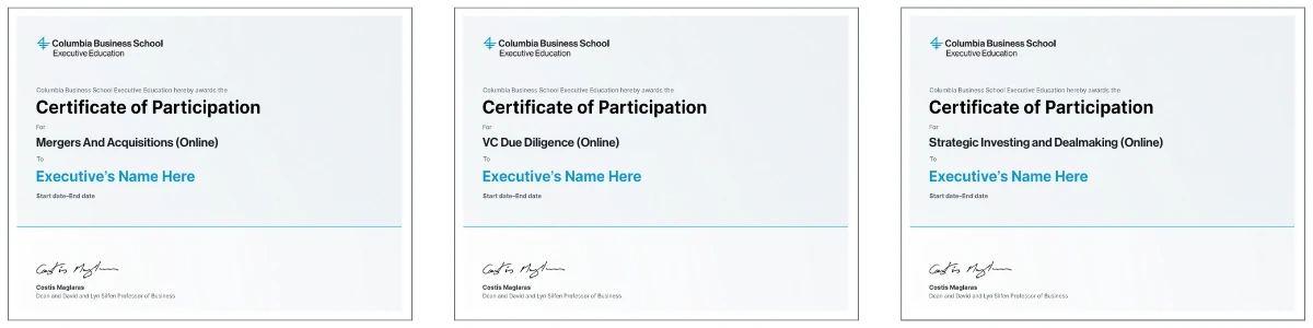 Example image of certificate of participation of Mergers And Acquisitions (Online) program, VC Due Diligence (Online) program, and Strategic Investing and Dealmaking (Online) program