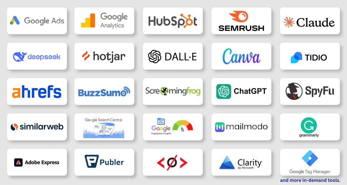 top digital marketing and analytics tools including Google Ads, Google Analytics, SEMrush, HubSpot, Ahrefs, Canva, ChatGPT, Claude, Hotjar, Similarweb, BuzzSumo, SpyFu, Mailmodo, Grammarly, and more in-demand platforms.