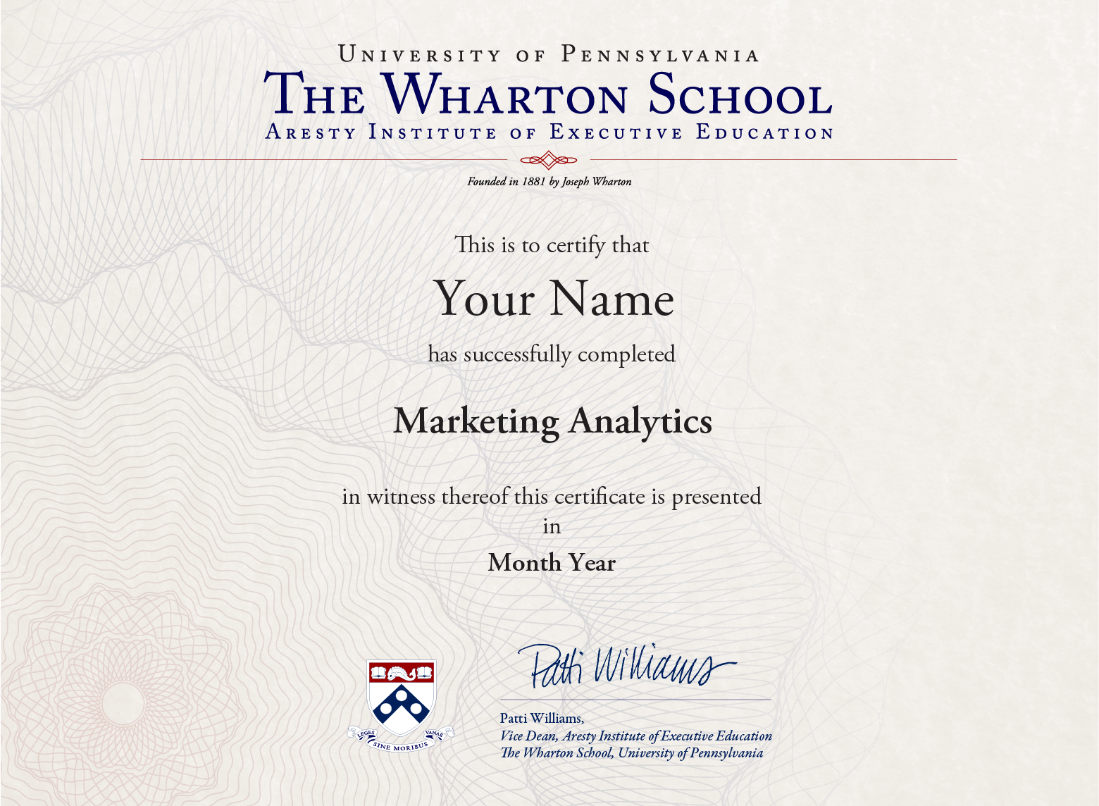 Example image of certificate that will be awarded once you successfully complete the course