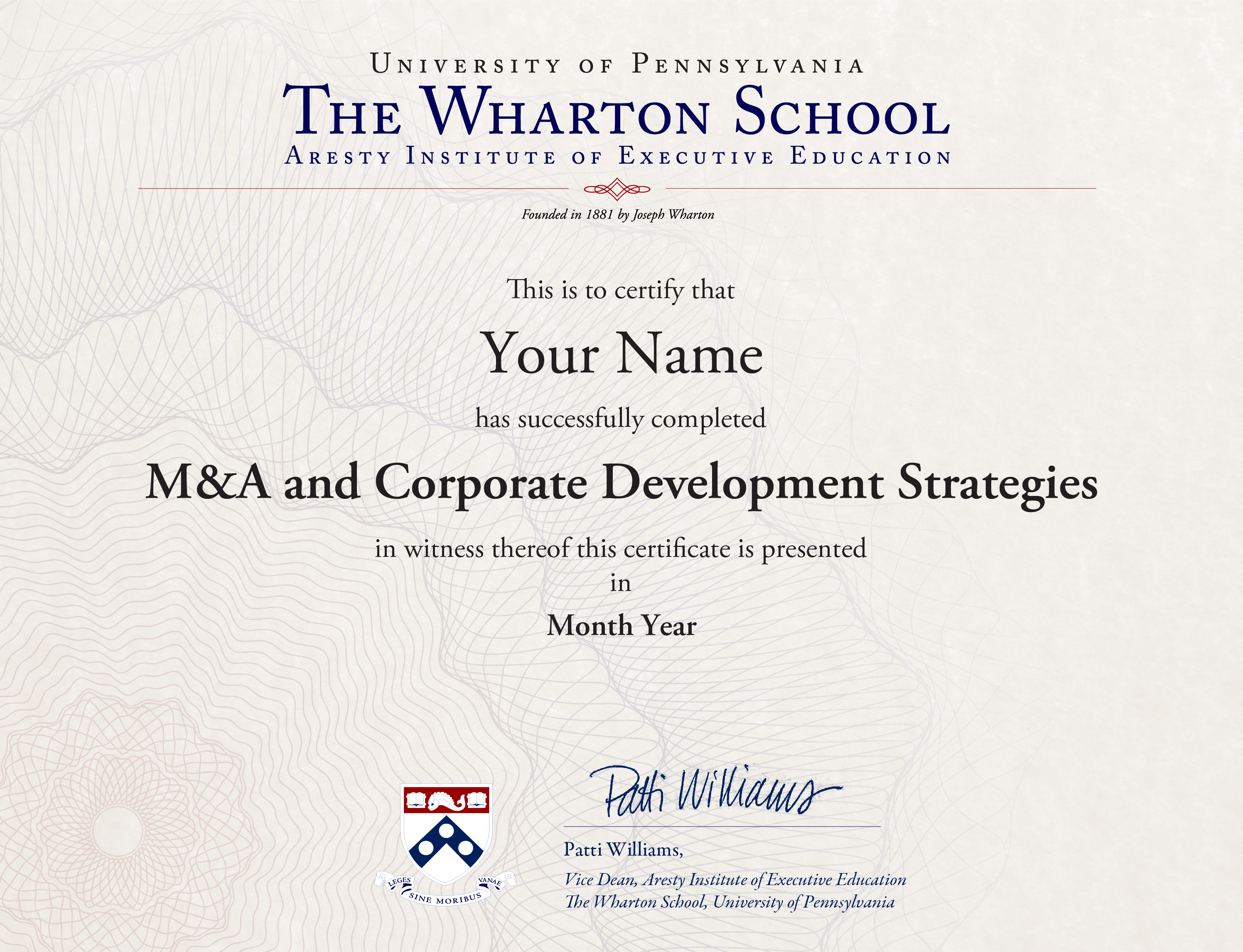 Example image of certificate that will be awarded after successful completion of this program