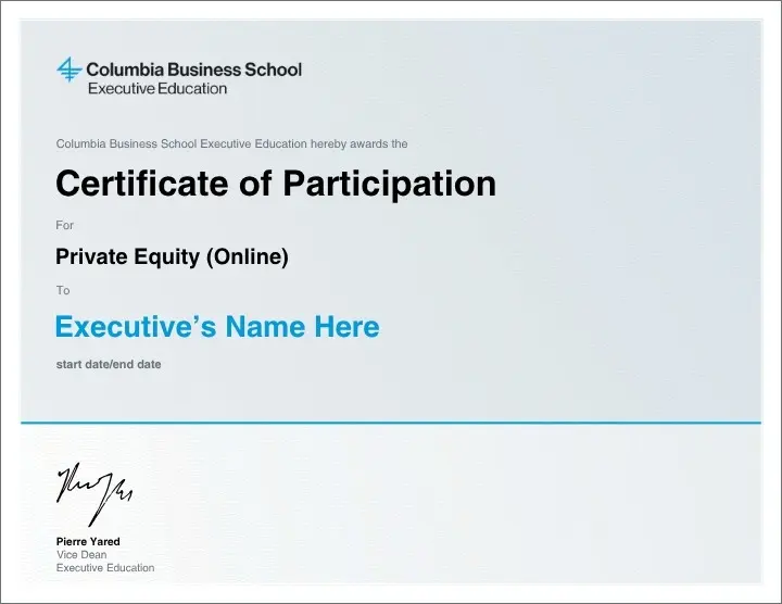 Example image of certificate of participation for Private Equity (Online) program