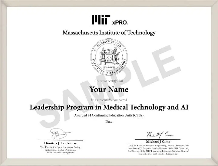 MIT xPRO Leadership Program in Medical Technology and AI sample Certificate