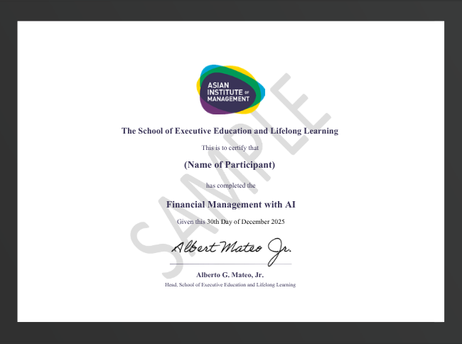 Certificate awarded on completion of the Financial Management with AI 