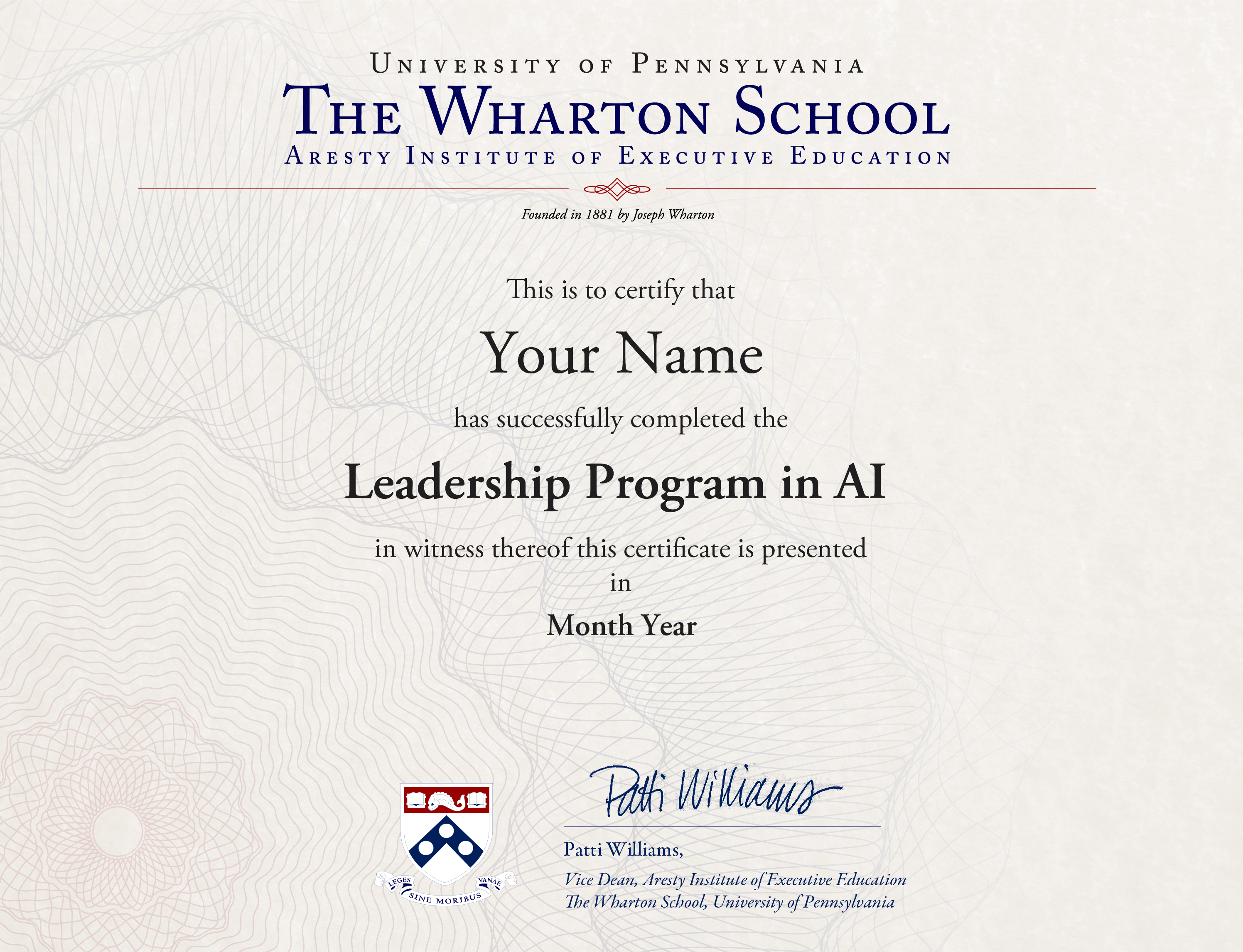 Image to depict sample of the program certificate Wharton Leadership Program in AI and Analytics Certificate