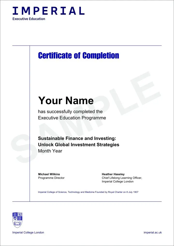 Example image of certificate that will be awarded once you successfully complete the programme