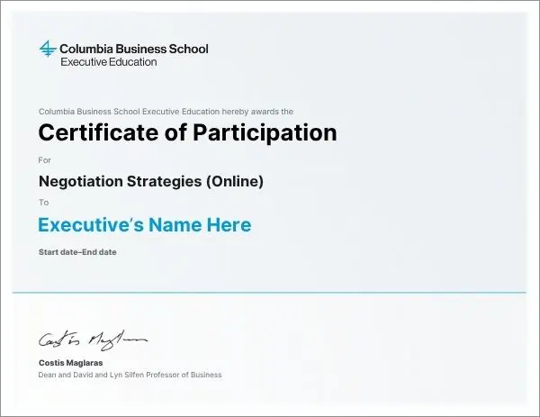 Example image of certificate of participation for Negotiation Strategies (Online) program