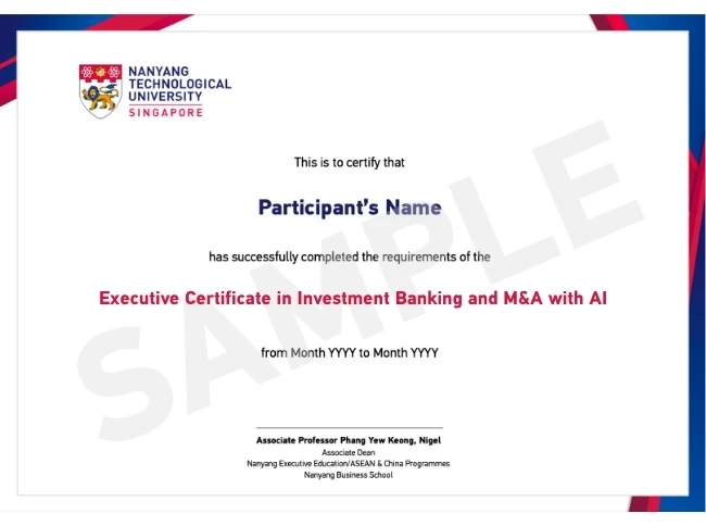 Certificate awarded on completion of the Investment Banking and M&A with AI programme