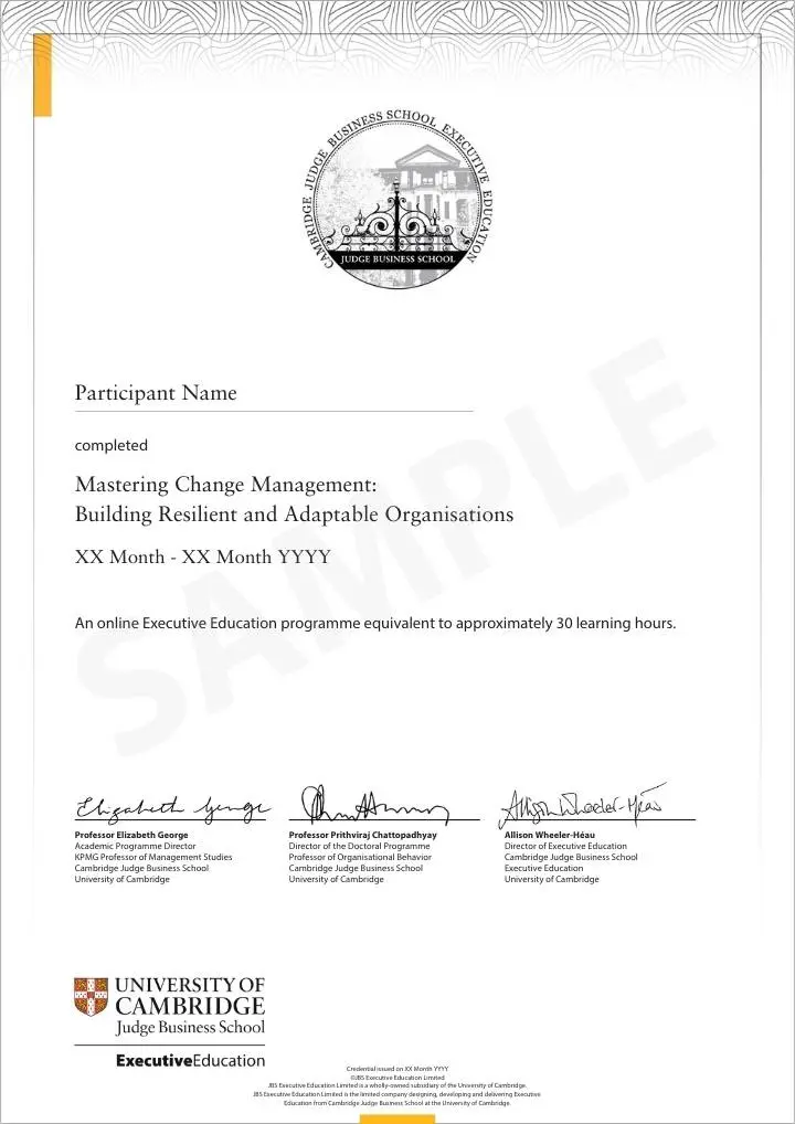 Example image of certificate that will be awarded once you successfully complete the programme