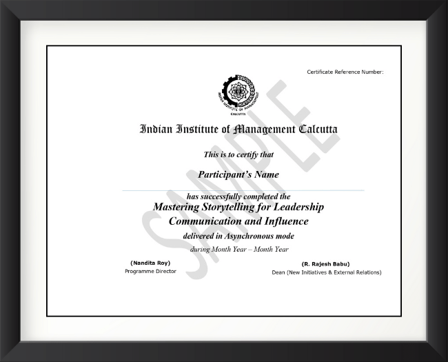 IIM Calcutta Storytelling Leadership Certificate Sample certificate from IIM Calcutta for Mastering Storytelling for Leadership Communication and Influence program