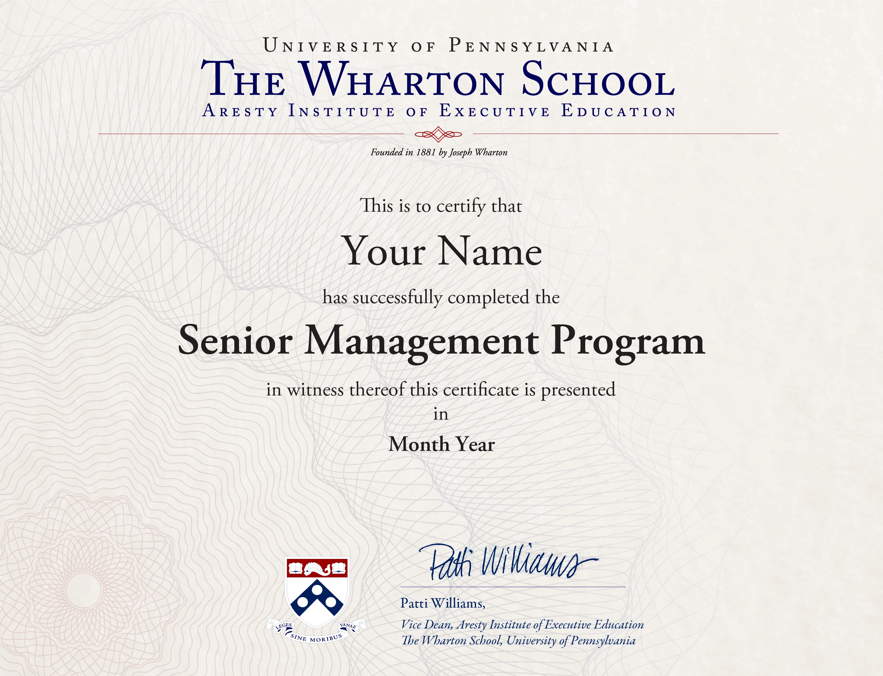 Example image of certificate for the Senior Management Program from Wharton Executive Education