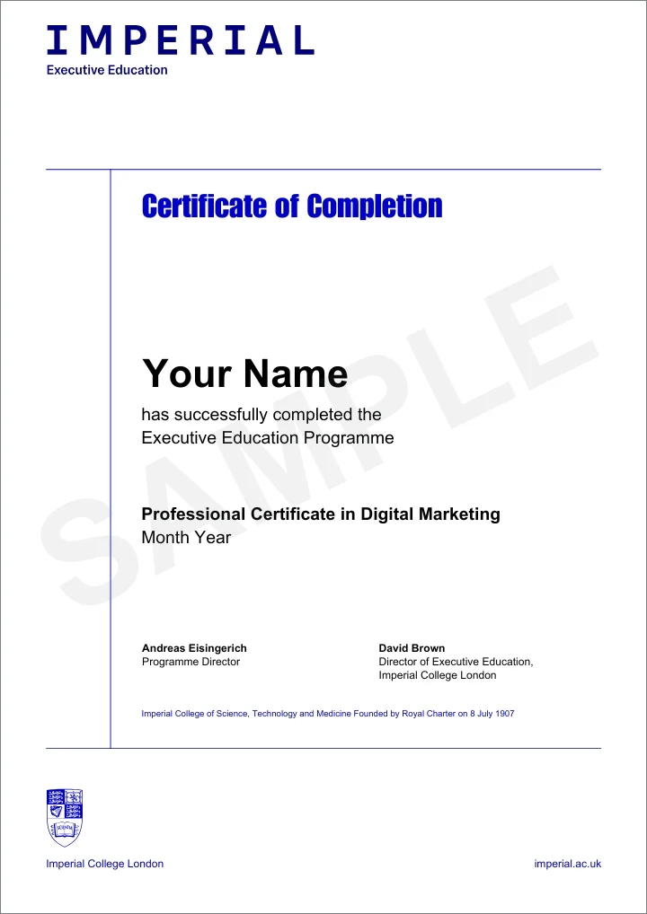 Example image of certificate that will be awarded once you successfully complete the programme