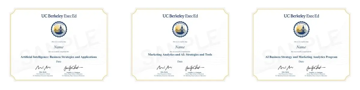Certificates of completion for Artificial Intelligence: Business Strategies and Applications, Marketing Analytics and AI: Strategies and Tools, and AI Business Strategy and Marketing Analytics Program