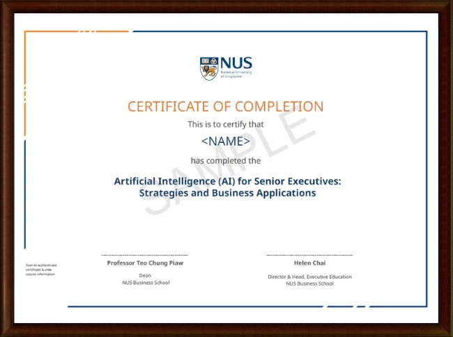 Certificate of Completion Awarded for the AI For Senior Executives Programme