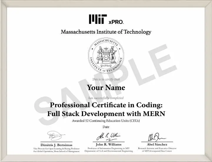 Example image of certificate that will be awarded upon successful completion of the program