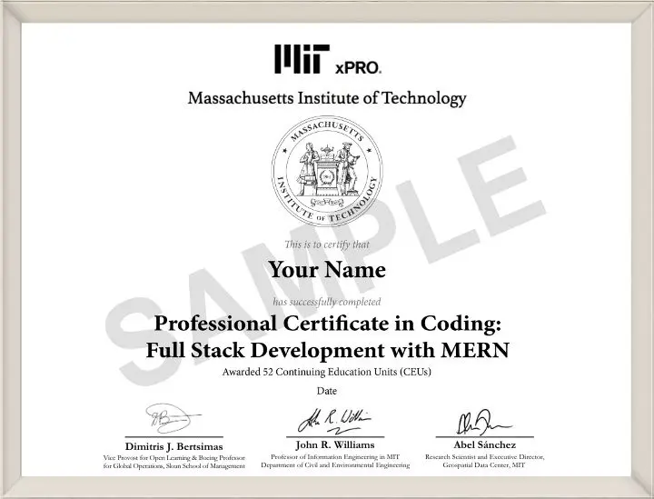 Example image of certificate that will be awarded upon successful completion of the program