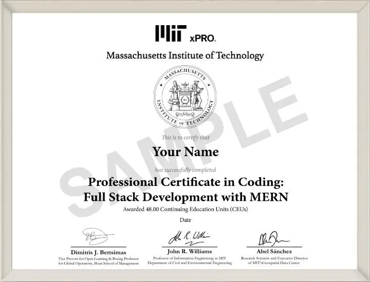 Example image of certificate that will be awarded upon successful completion of the program