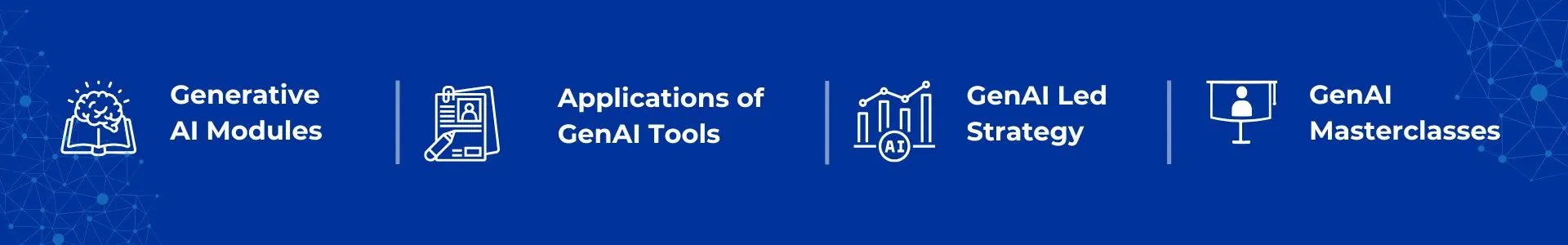 Icons and text highlighting Generative AI learning features: Generative AI Modules, Applications of GenAI Tools, GenAI Led Strategy, and GenAI Masterclasses on a blue background