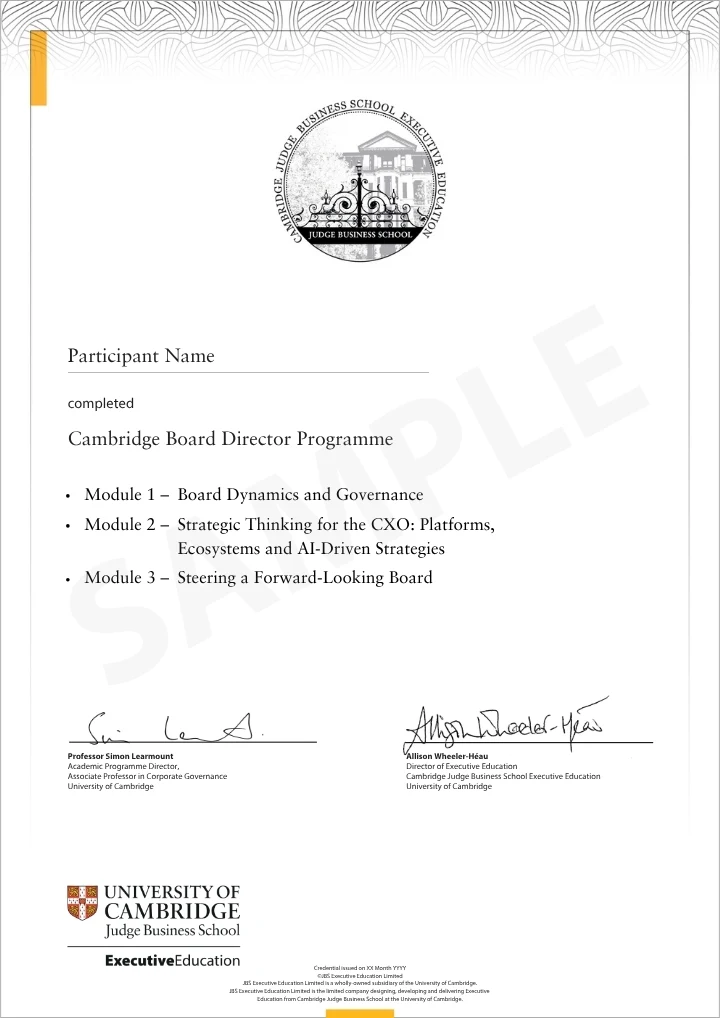 Example image of certificate of participation that will be awarded upon completion of the programme