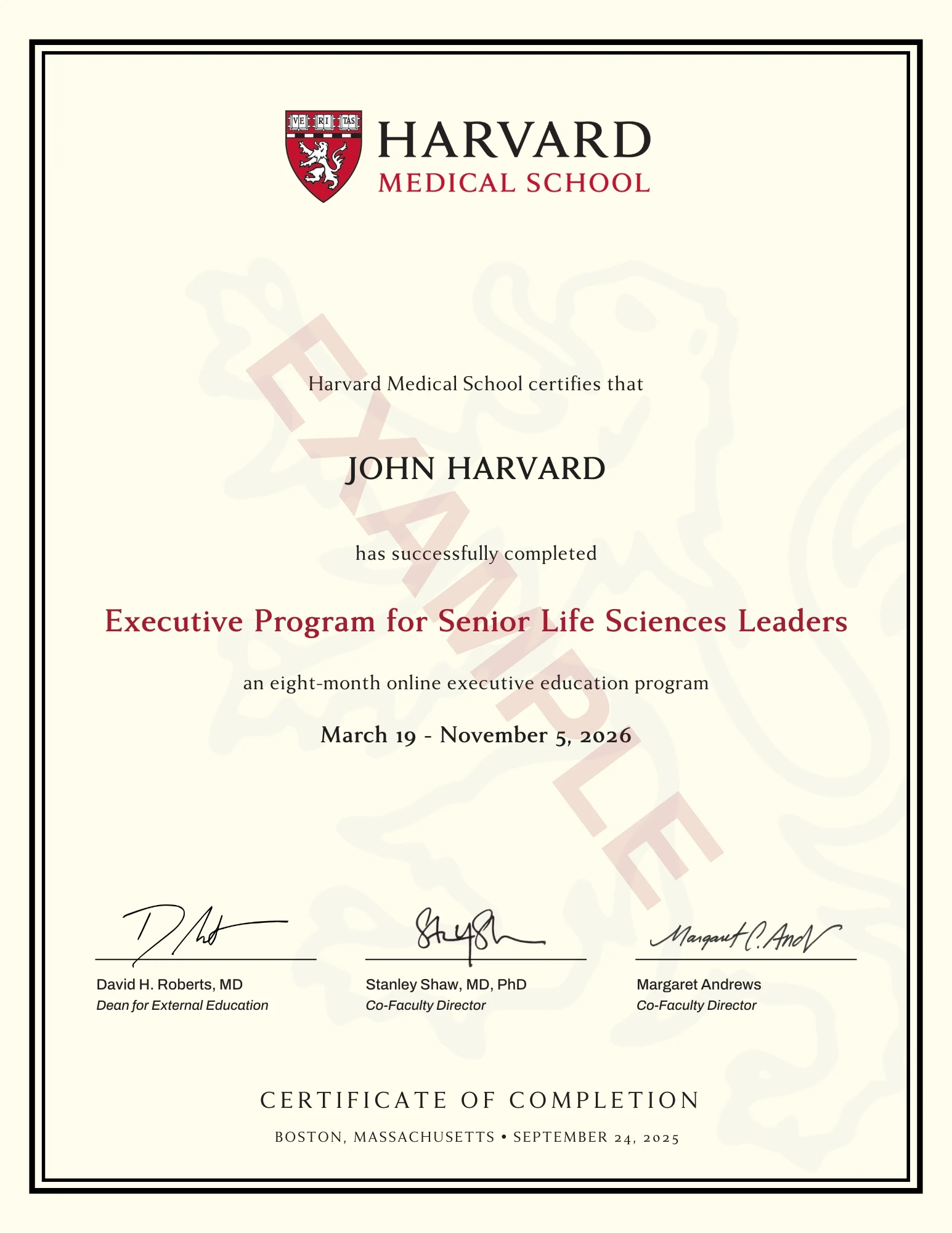 Example image of certificate that will be awarded after successful completion of this program