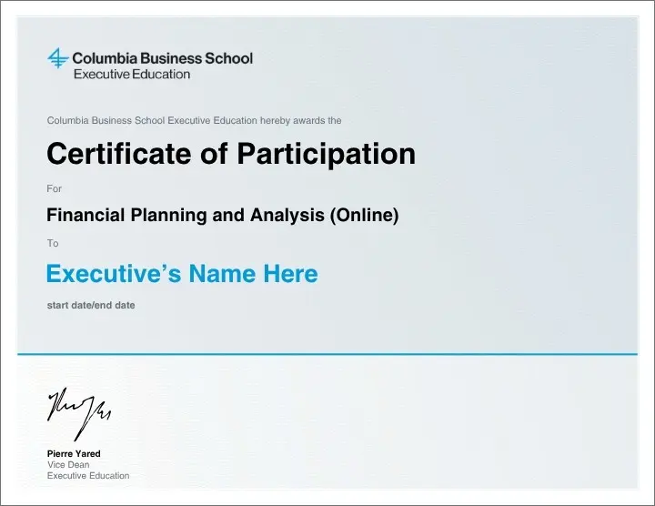 Example image of certificate of participation for Financial Planning and Analysis (Online) program