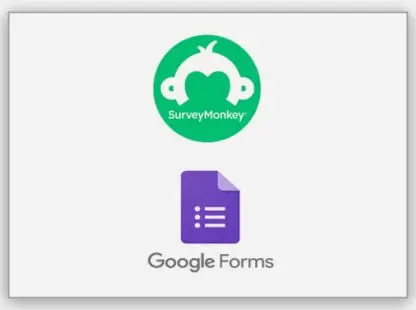 SurveyMonkey and Google Forms logos illustrating tools taught for validating product ideas and collecting user feedback in the ISB Online Product Management Programme.