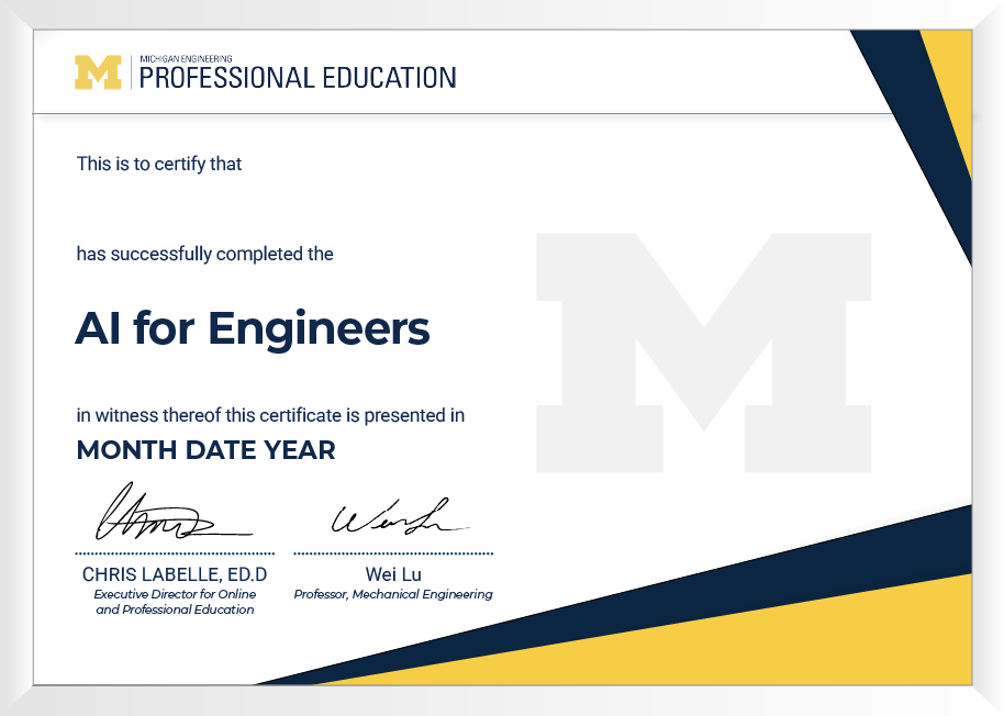 Example image of certificate that will be awarded once you successfully complete the AI for Engineers program