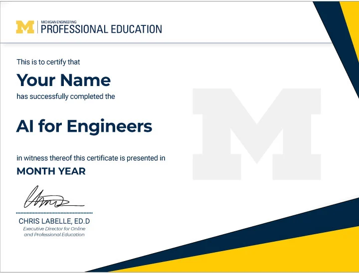 Example image of certificate that will be awarded once you successfully complete the AI for Engineers program