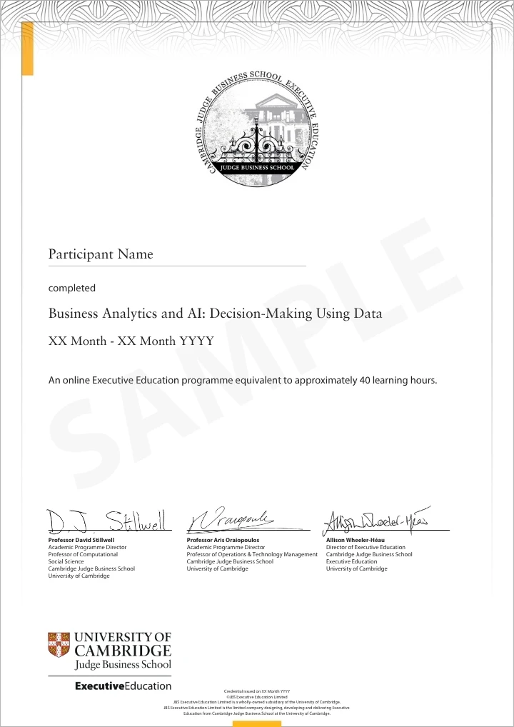 Example image of certificate that will be awarded once you successfully complete the course
