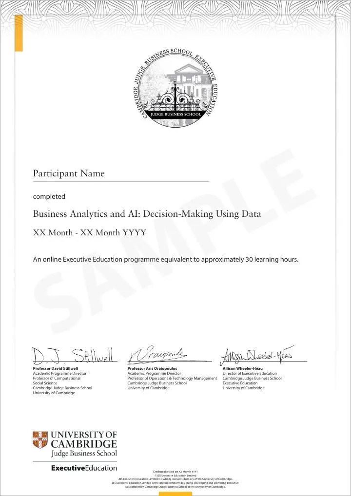 Example image of certificate that will be awarded once you successfully complete the course
