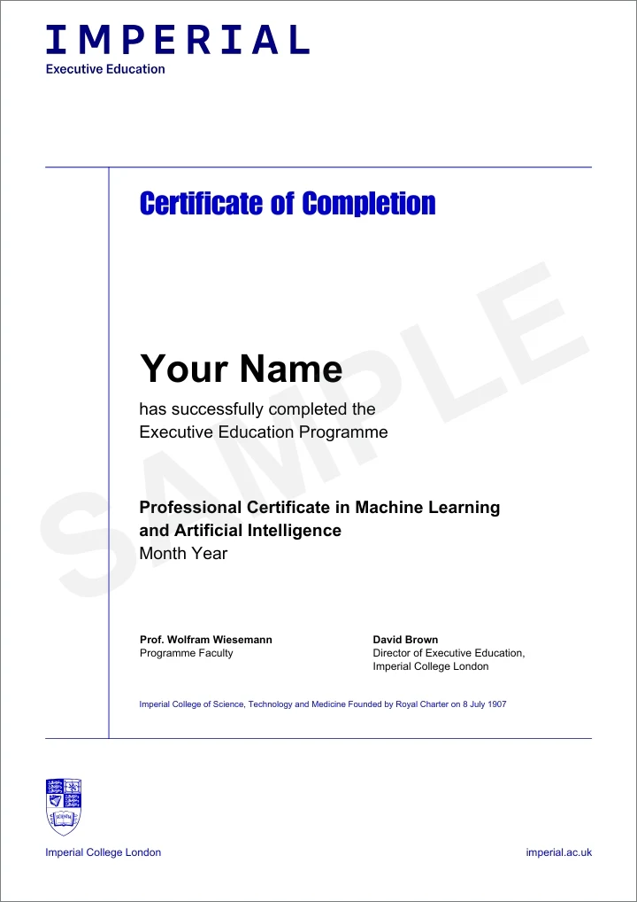 Example image of certificate that will be awarded once you successfully complete the programme