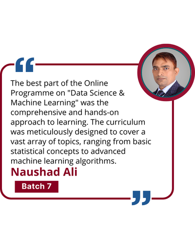 Testimonial from a learner of the IIT Delhi Certificate Programme in Data Science and Machine Learning, sharing their experience completing the online course in Python, statistics, and AI.