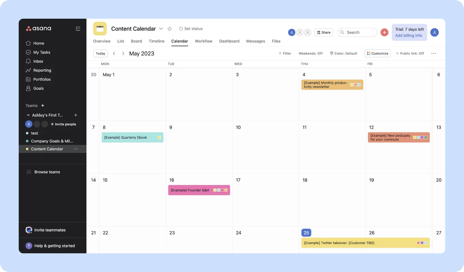 screenshot of Asana content calendar template