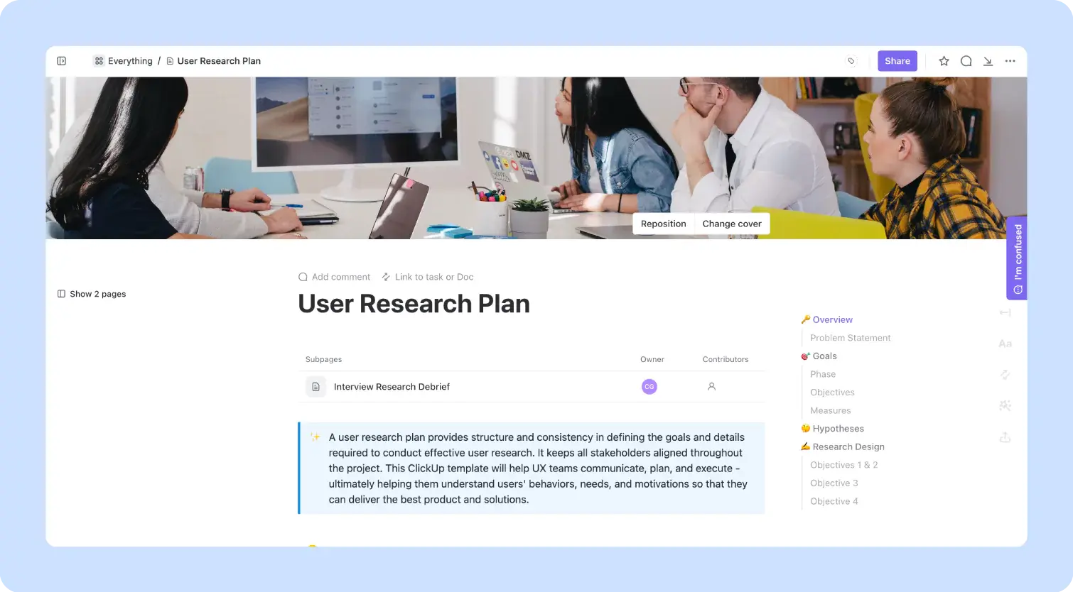 screenshot of clickup's user research plan