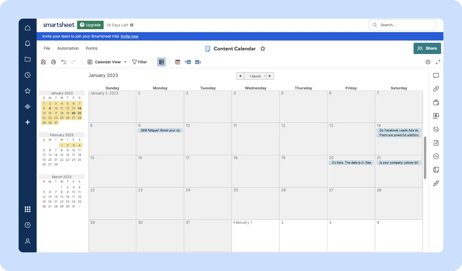 screenshot of Smartsheet content calendar example