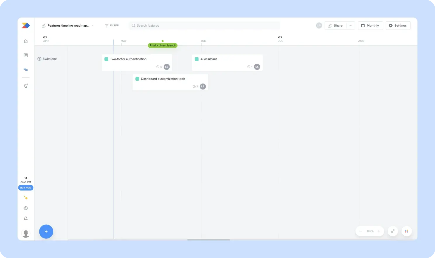 screenshot of productboard roadmap tool