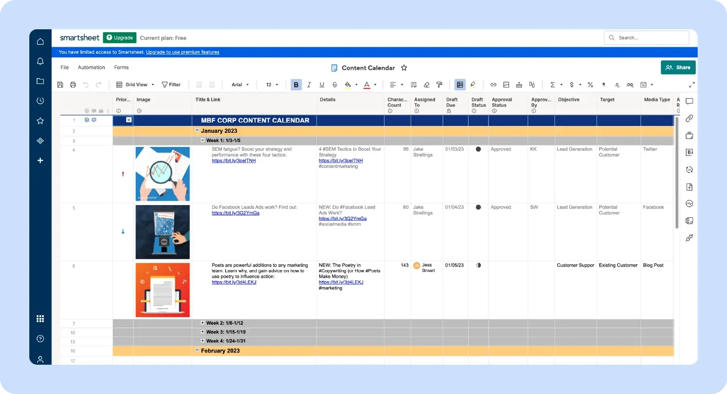 screenshot of smartsheet content calendar