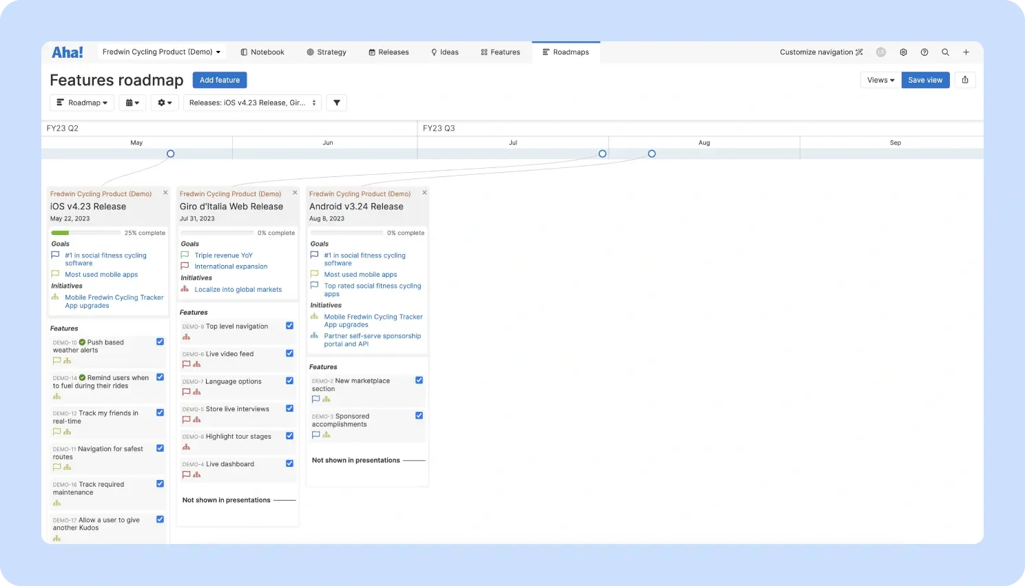 screenshot of Aha product roadmap tool