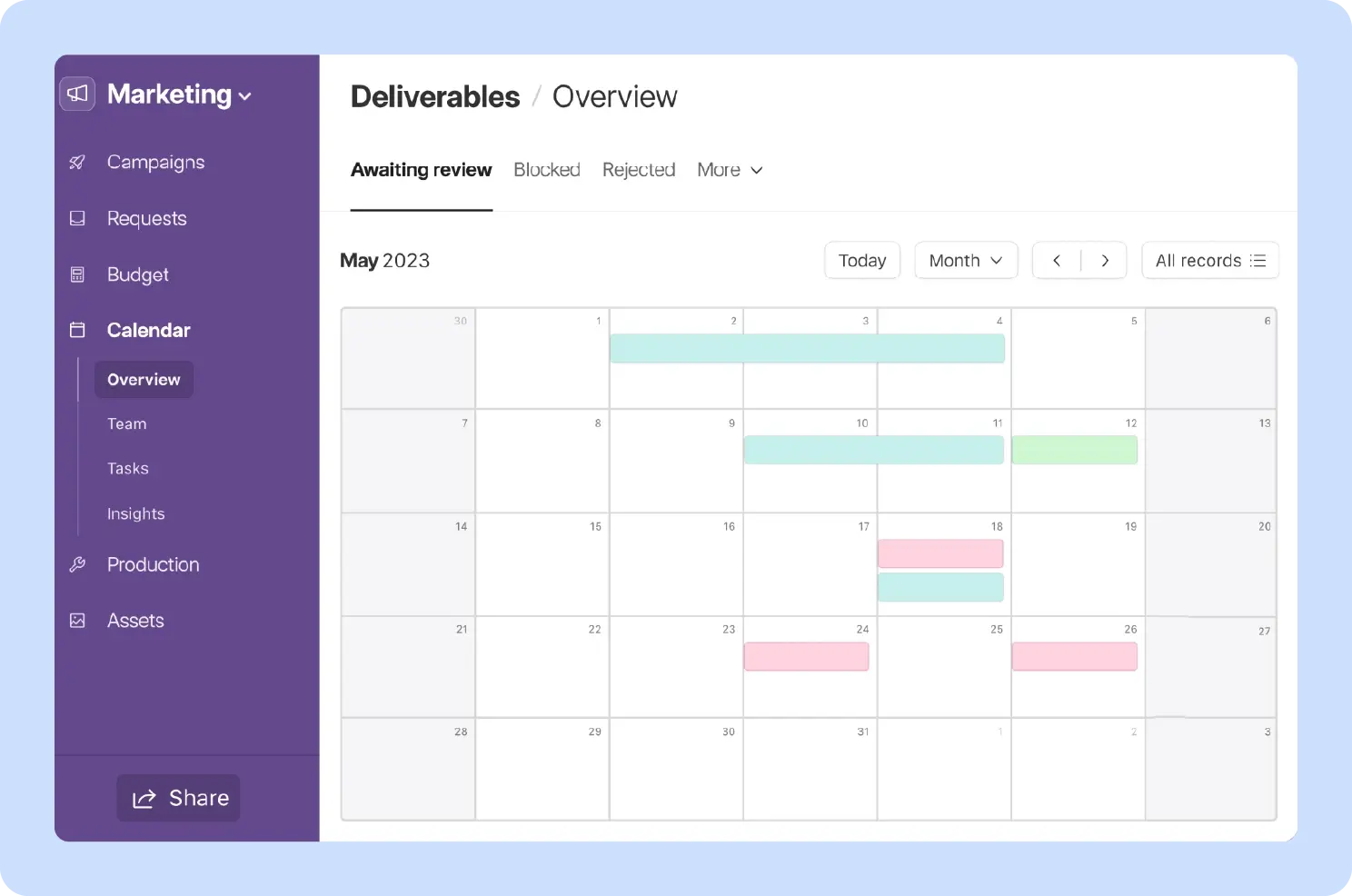 screenshot of airtable marketing calendar app