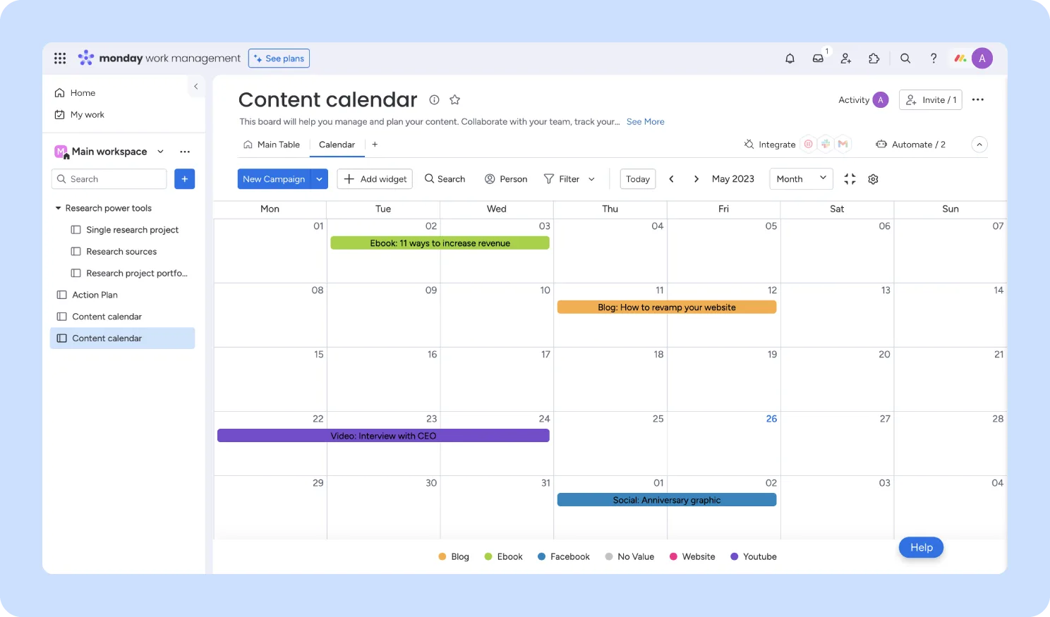 screenshot of monday.com content calendar